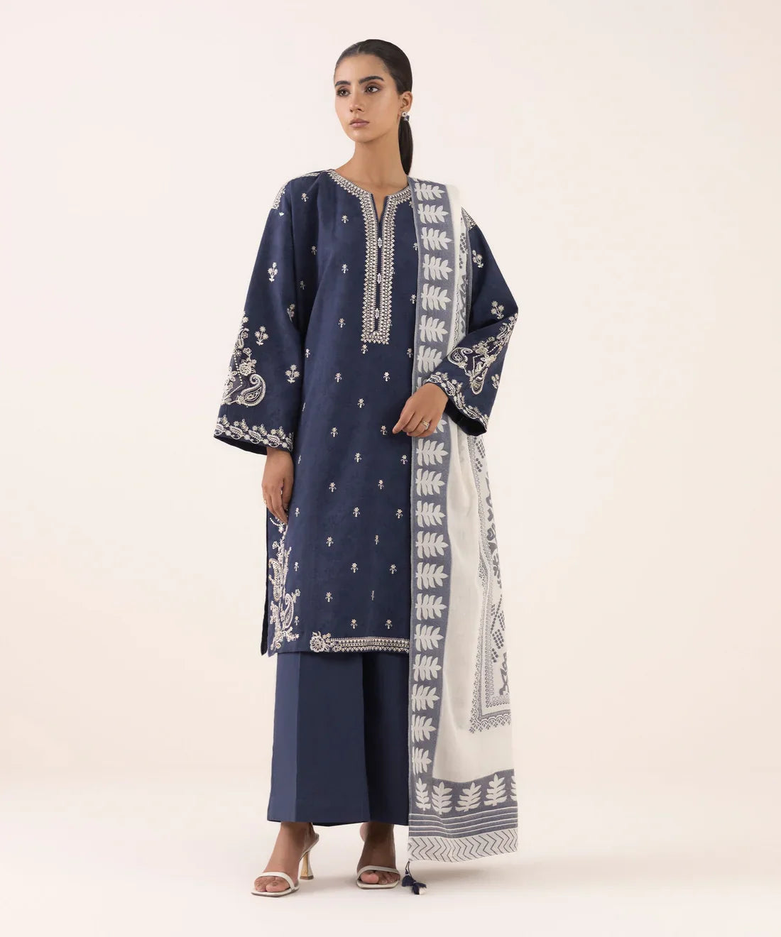 Dhanak-3PC Embroidered Shirt with Digital Printed Wool Shawl - 3511