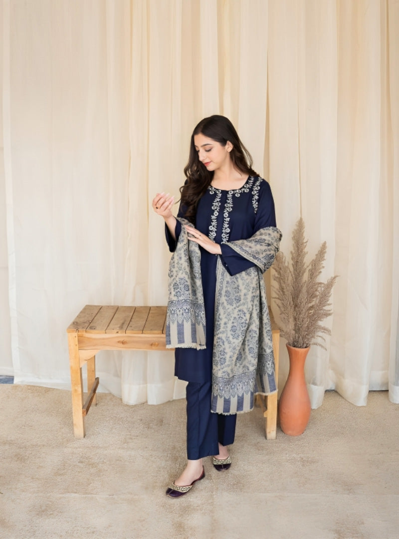 AISLING Dhanak 3PC Embroidered With Digital Printed Wool Shawl-629