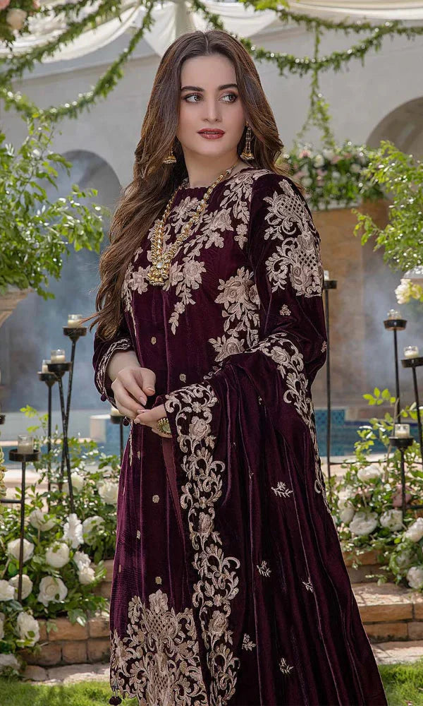 Velvet-3pc Embroidered with Organza Embroidered Dupatta-955