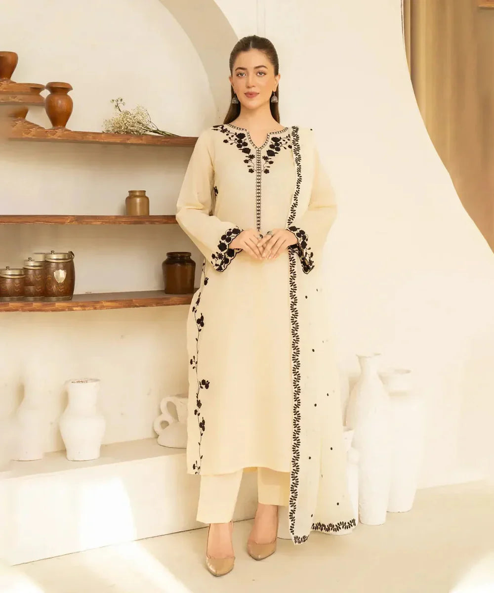 Dhanak-3PC Embroidered Shirt with Chiffon Embroidered Dupatta - 3510