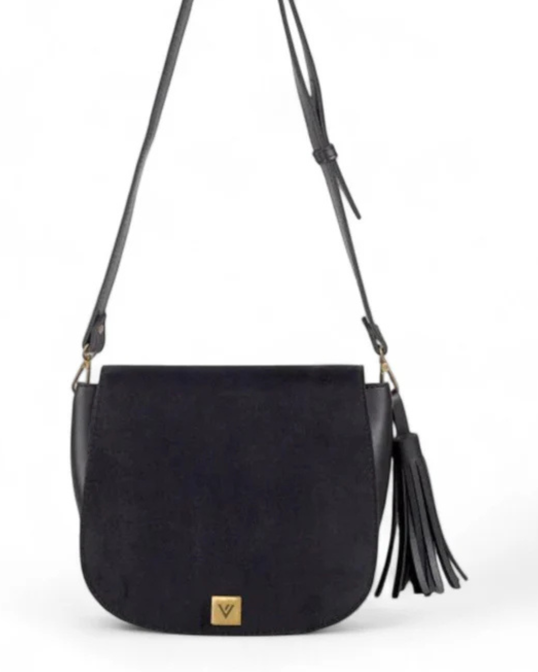 Black Suede Foldover Saddle Bag V-208