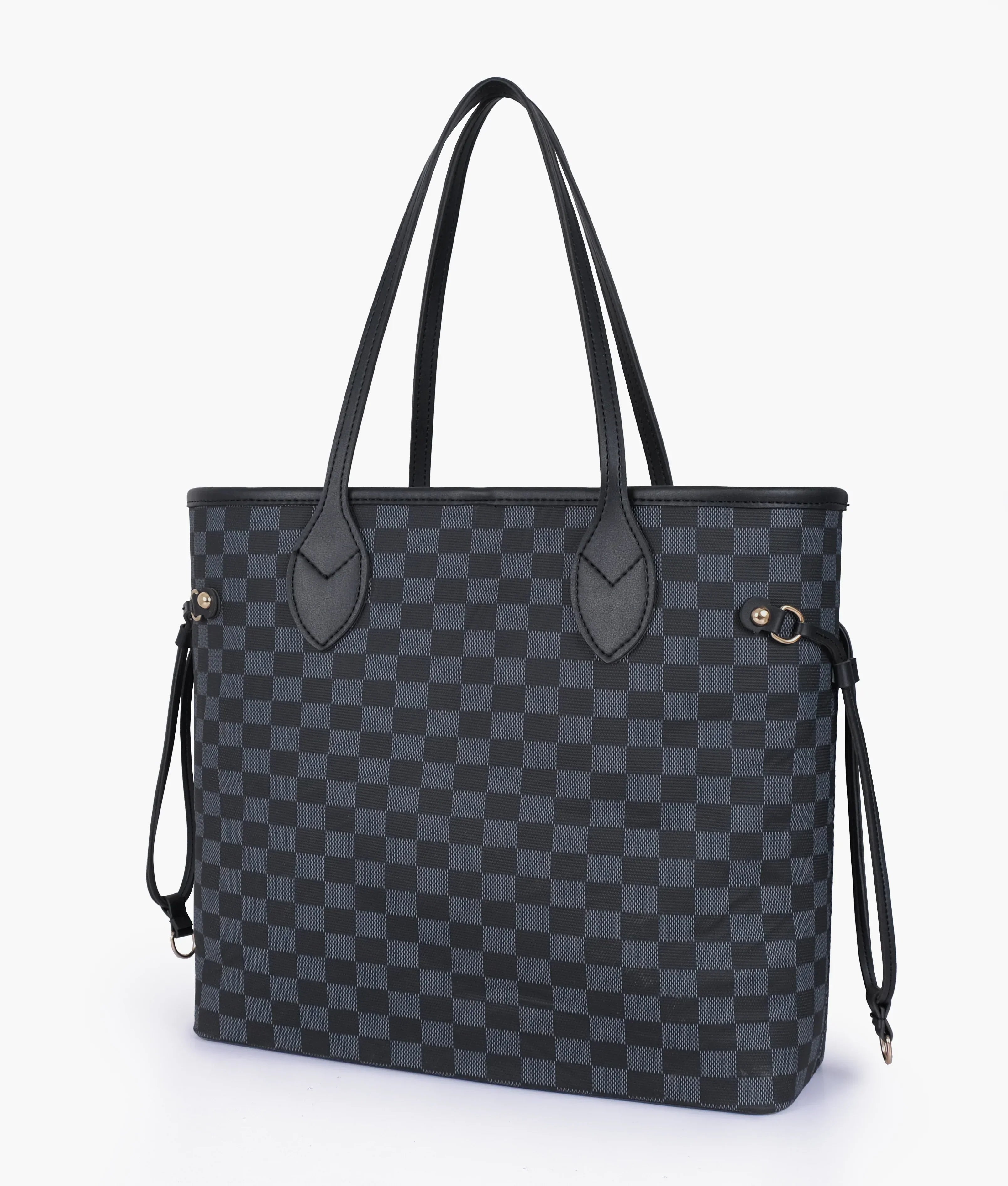 Black checkered tote bag with pouch V-104