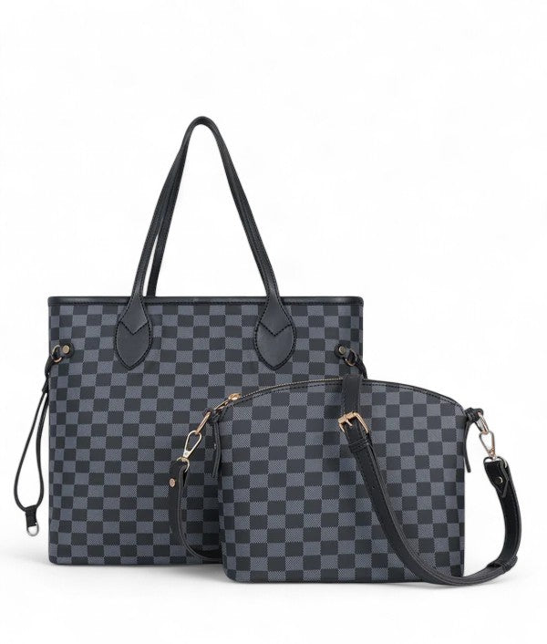 Black checkered tote bag with pouch V-104