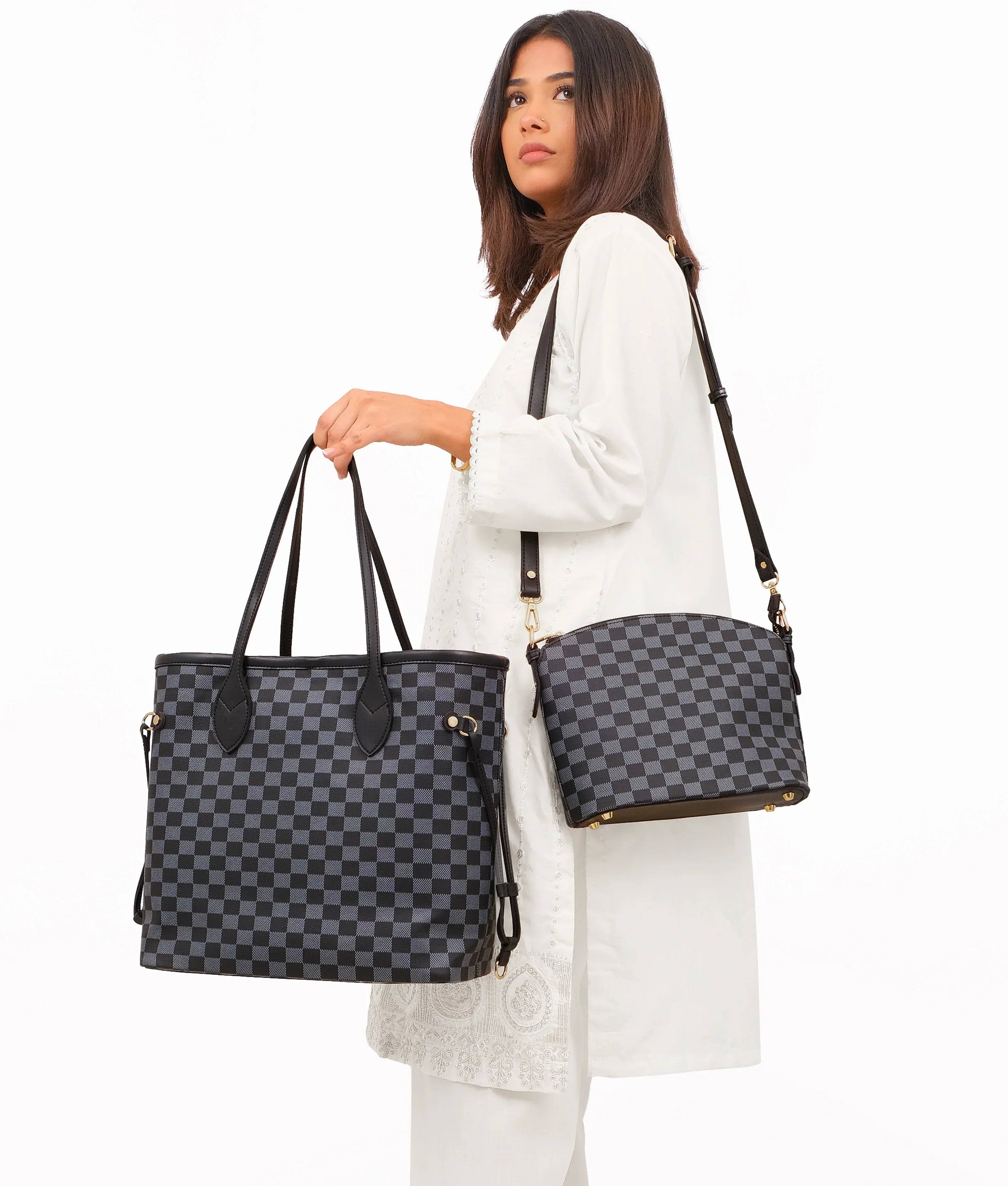 Black checkered tote bag with pouch V-104
