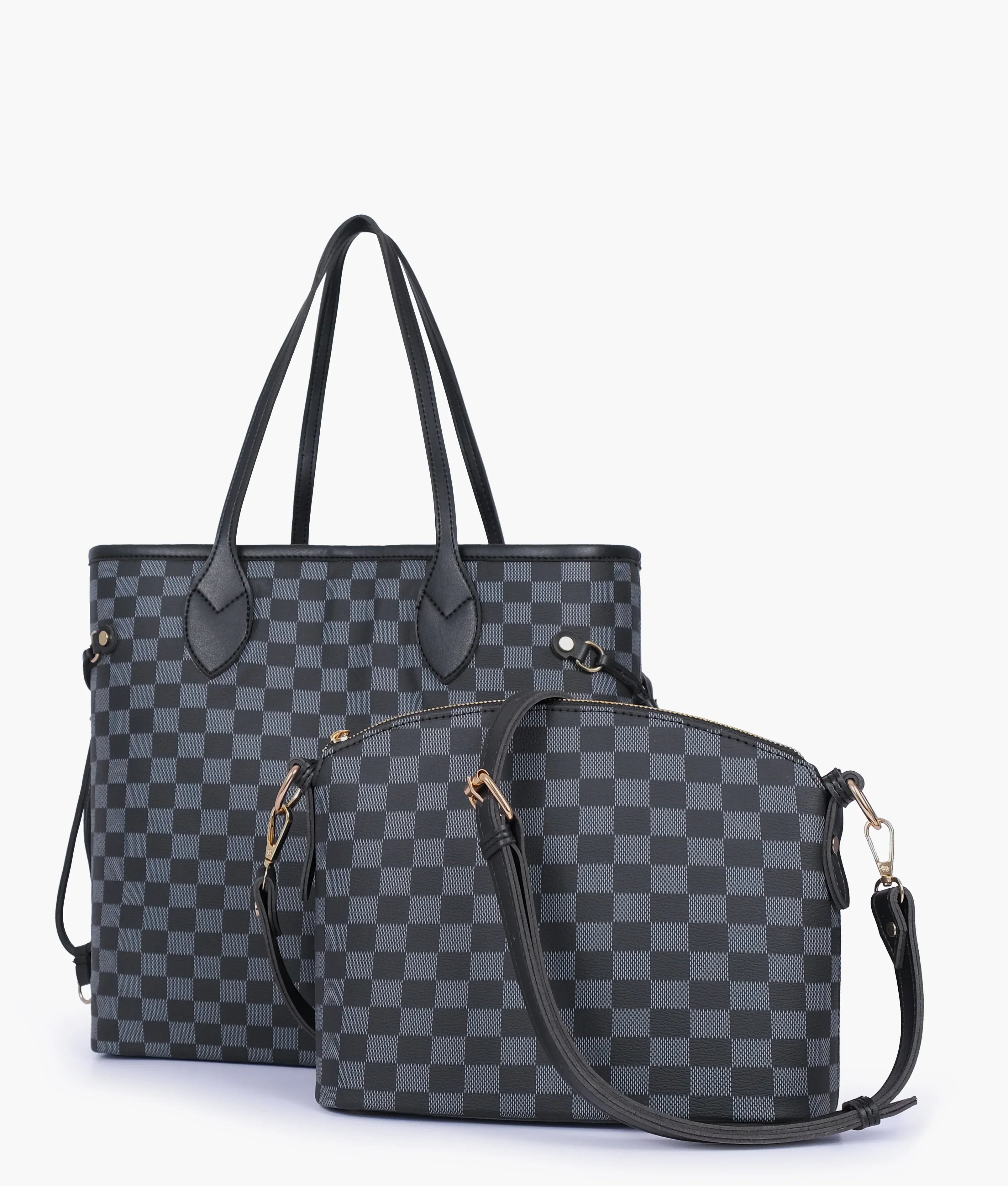 Black checkered tote bag with pouch V-104