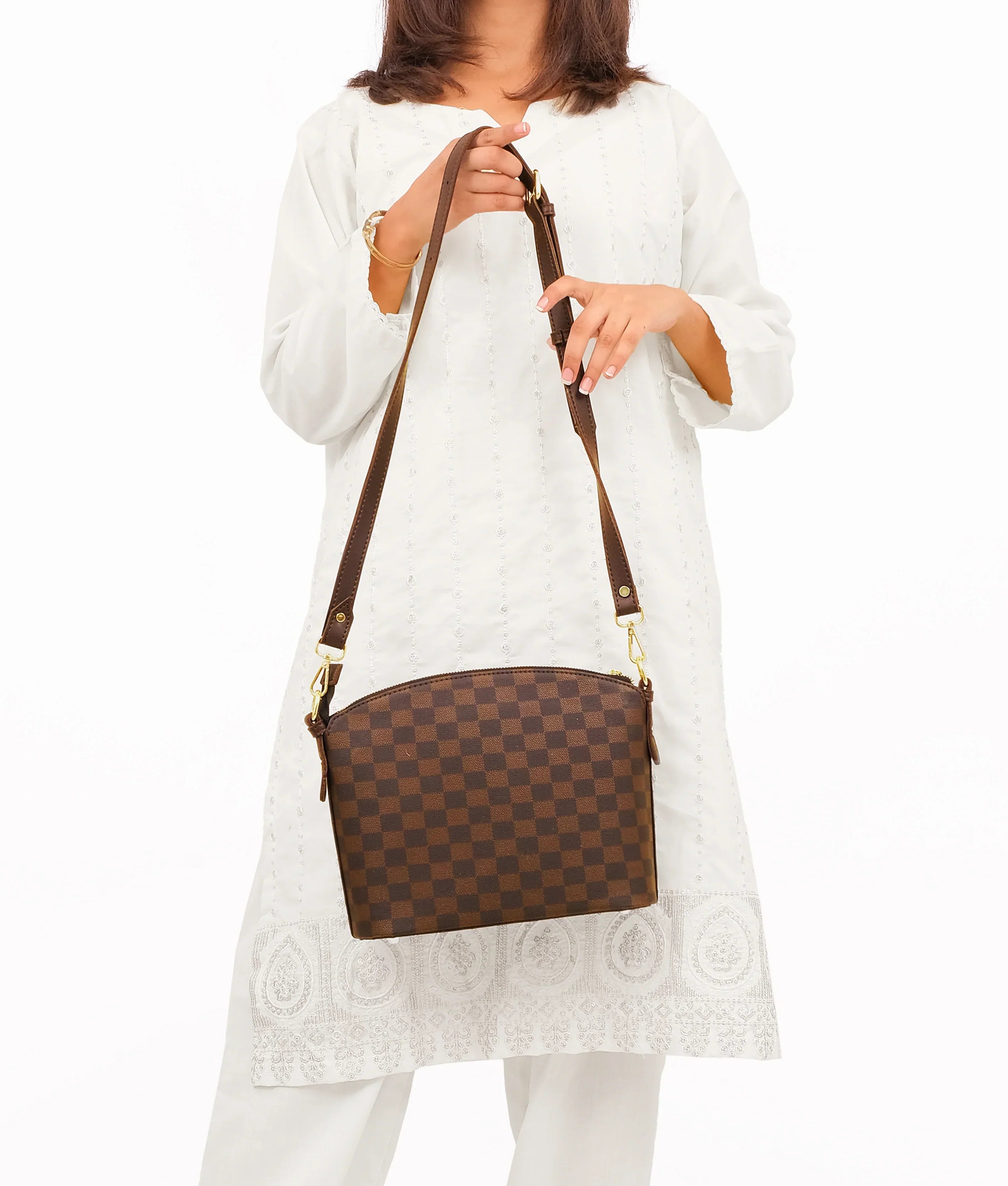 Dark brown checkered dome cross-body bag V-223