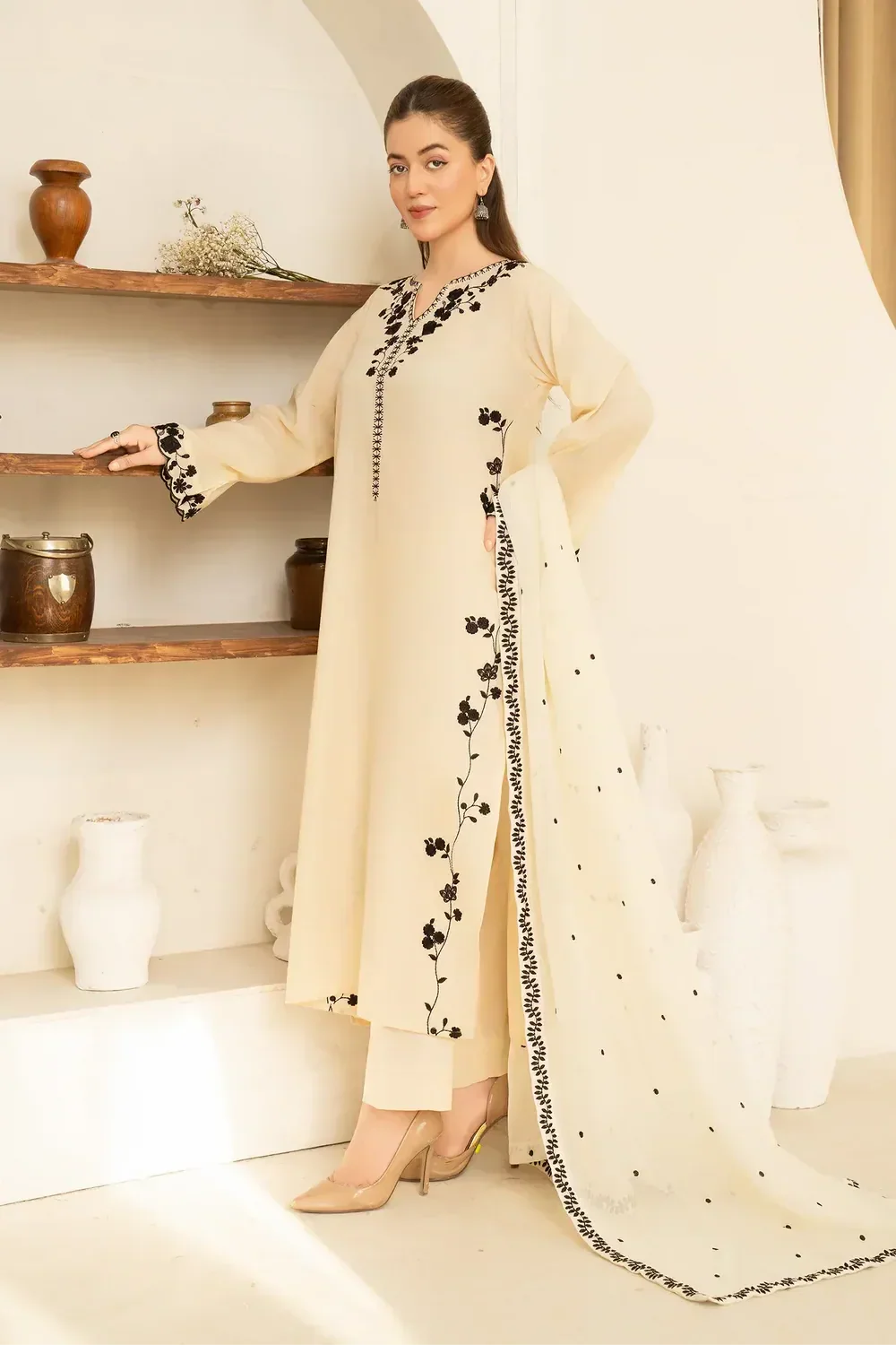 Dhanak-3PC Embroidered Shirt with Chiffon Embroidered Dupatta - 3510